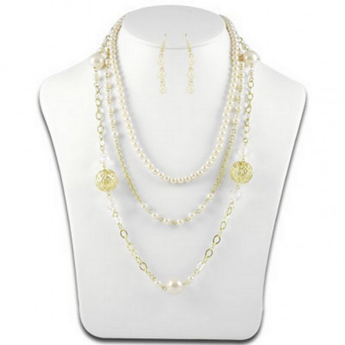 Multi Chain Pearl w/ Big Carved Metal Beads NE+ER Set - Natural - NE-N1388NT
