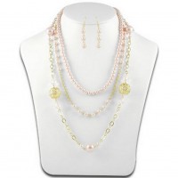 Multi Chain Pearl w/ Big Carved Metal Beads NE+ER Set - Pink - NE-N1388PK