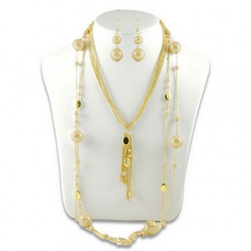 Multi Chain Beaded w/ Big Pearl NE+ER Set - Gold - NE-N1389GD
