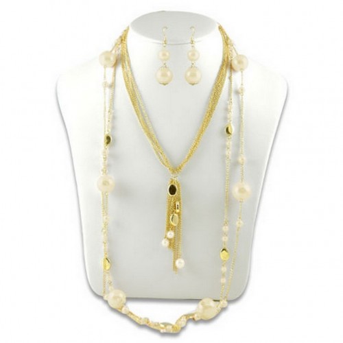 Multi Chain Beaded w/ Big Pearl NE+ER Set - Natural - NE-N1389NT
