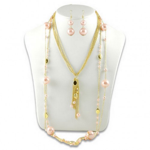 Multi Chain Beaded w/ Big Pearl NE+ER Set - Pink - NE-N1389PK