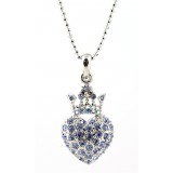 Necklace - Rhinestone Heart w/Crown - Rhodium Plating - Blue - NE-N6628BL
