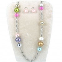 31" Faux Pearl Necklace & Earrings Set - Multi Colors - NE-OS01081RDPRL