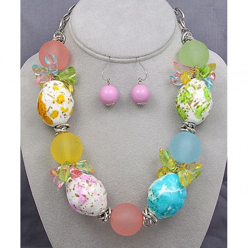Ceramic Beads Necklace & Earrings Set - Multi Colors - NE-OS01084RDMUL