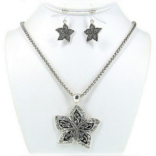 Western Style - Casting Rhinestone Necklace & Earrings Set w/ Flower Charm - NE-OS01540ASCRY
