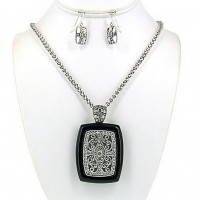 Filigree Square Charm Necklace & Earrings Set w/ Clear Rhinestones - NE-OS01640ASJET
