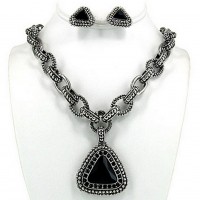 JHD Group - Casting Rhinestone Necklace & Earrings Set w/ Paved Triangle Charm - NE-OS01723RDJET