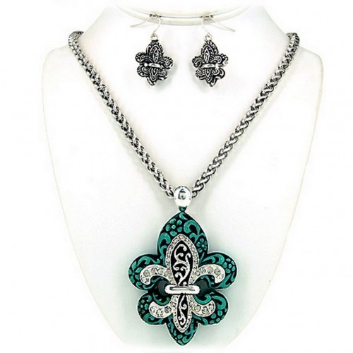 Western Style - Casting Necklace & Earrings Set w/ Fleur De Lis Charm - NE-OS01843ASTQS Western Style - Casting Necklace & Earrings Set w/ Fleur De Lis Charm - NE-OS01843ASTQS
