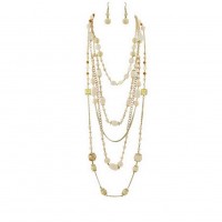 Multi Gold Chain Faux Stone Necklace + Earrings Set: Ivory Color - NE-SMS3006A