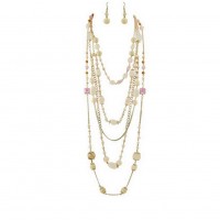 Multi Gold Chain Faux Stone Necklace + Earrings Set - Pink Color - NE-SMS3006D 