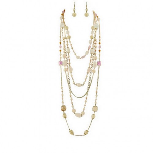 Multi Gold Chain Faux Stone Necklace + Earrings Set - Pink Color - NE-SMS3006D 