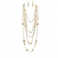 Multi Gold Chain Faux Stone Necklace + Earrings Set: Coral Color - NE-SMS3006H