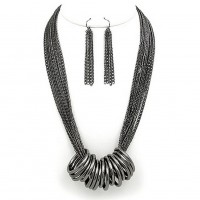 Multi Chain Strand w/ Multi Rings Necklace & Earrings Set - Hematite - NE-WNE25506HEMA