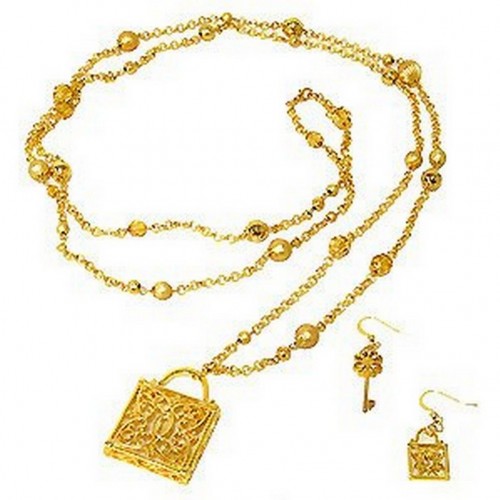 Cold Tone Chain W/Square Lock Charm NE+ER Set - NE-WNE338