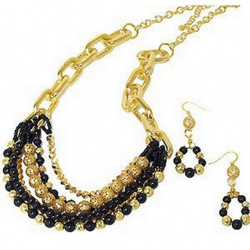 Multi Gold Tone Chain W/Faux Onyx Beads NE+ER Set - NE-WNE345