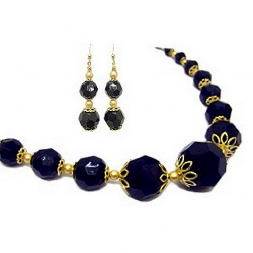 Gold Tone Chain W/Faux Onyx Beaded NE+ER Set - NE-WNE364