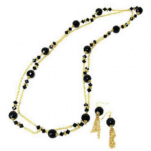 Gold Chain Black Onyx Beaded NE+ER Set - NE-WNE439