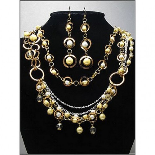 Multi Chain Pearl w/ Gold Loop NE+ER Set - NE-WNE486