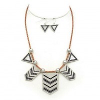 Necklace & Earrings Set: Geometric Charms Accent w/ Faux Pearls – 16” - NE-WNE656GDSL