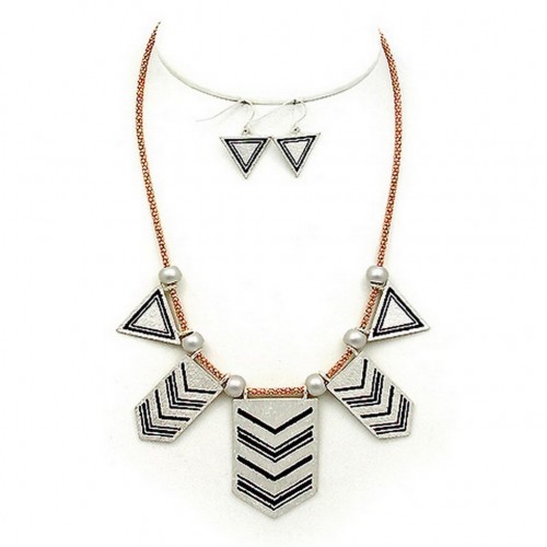 Necklace & Earrings Set: Geometric Charms Accent w/ Faux Pearls – 16” - NE-WNE656GDSL