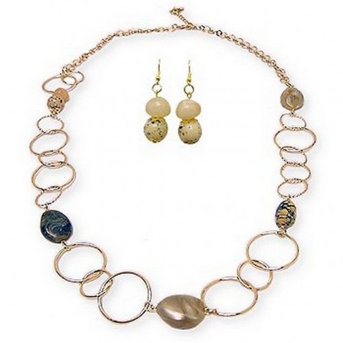 38" Long Marble-Like Beads Link Necklace & Earring Set - Gold - NE-YCS2000G