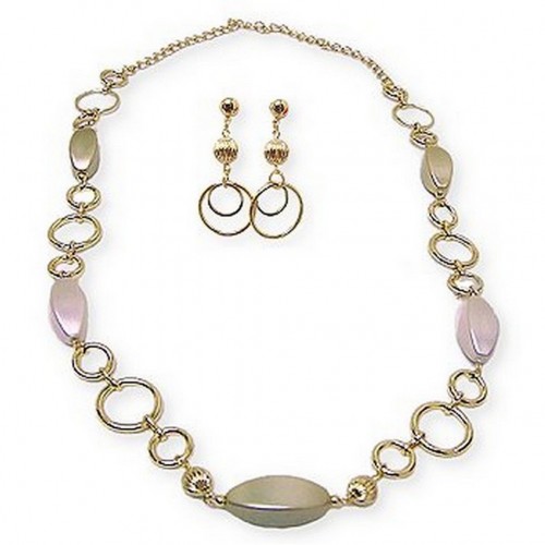 33" Long Pearl-Like Beads Circle Link Necklace & Earring Set - Gold - NE-YCS2001G
