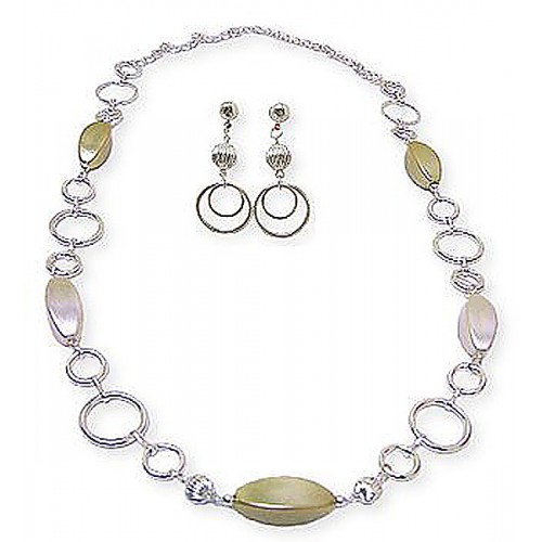 33" Long Pearl-Like Beads Circle Link Necklace & Earring Set - Silver tone - NE-YCS2001S