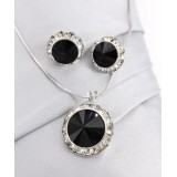 Rondelle Crystal Necklace & Post Earrings Set - Black -NE-40007S-JT
