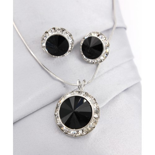 Rondelle Crystal Necklace & Post Earrings Set - Black -NE-40007S-JT