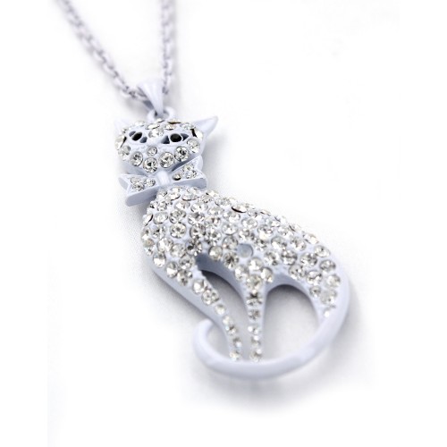 Rhinestone Kitty w/ Bow Charms Necklaces - White -NE-JN4422WH Rhinestone Kitty w/ Bow Charms Necklaces - White -NE-JN4422WH