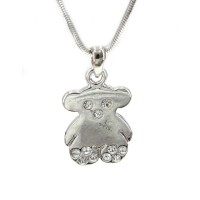 T-Bear Charm w/ Crystals Necklace - Rhodium Plating - Clear - NE-N3407CL