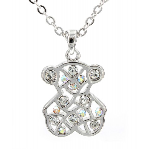 T-Bear Charm w/ Crystals Necklace - Rhodium Plating - Clear - NE-N3421CL