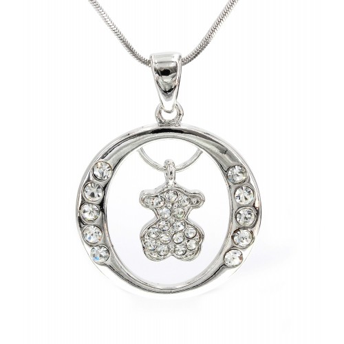 T-Bear Charm w/ Crystals Necklace - Rhodium Plating - Clear - NE-N4207CL