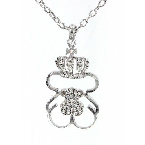 T-Bear Charm w/ Crystals Necklace - Rhodium Plating - Clear - NE-N4393CL