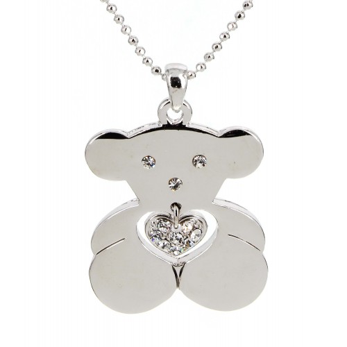 T-Bear Charm w/ Crystals Necklace - Rhodium Plating - Clear - NE-N4490CL