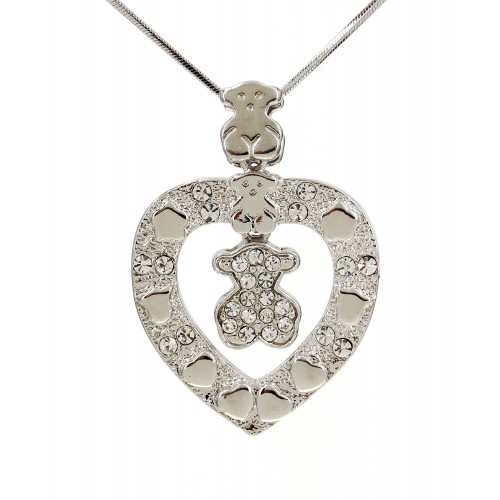T-Bear Charm w/ Crystals Necklace - Rhodium Plating - Clear - NE-N4495CL