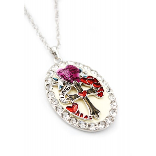 Rhinestone Oval Charm Necklace w/ Heart & Cross - NE-ACQN4816