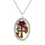 Rhinestone Oval Charm Necklace w/ Heart & Cross - NE-ACQN4816