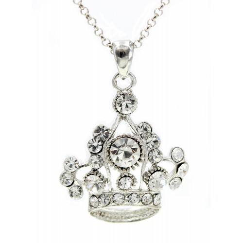 Rhinestone Crown Charm Necklaces - Clear Color - NE-JN3790CL Rhinestone Crown Charm Necklaces - Clear Color - NE-JN3790CL