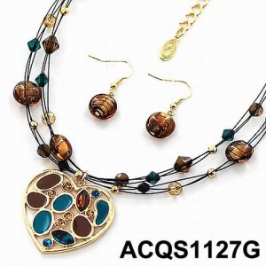 Necklace - Stone Paved Heart Charm Necklace & Earrings Set w/ Multi Beaded Strap - Gold /Blue - NE-ACQS1127G