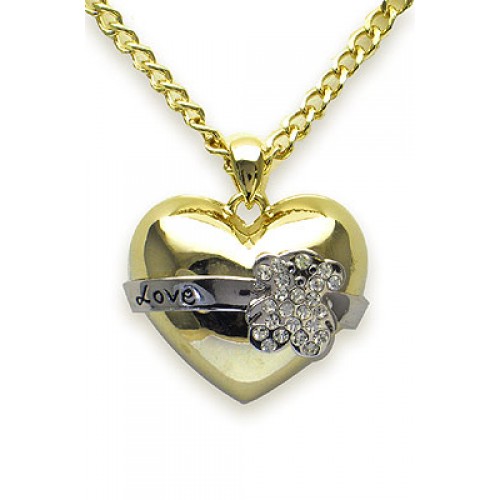 Necklace - T-Bear Swarovski Crystal Heart Charm w/Golden Ribbon - NE-N5012GD