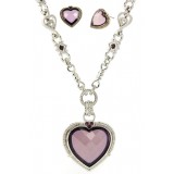 Necklace - Rhodium Chain w/Faceted Glass Heart Charm NE & Earring Set - Purple - NE-S6315LRDAY