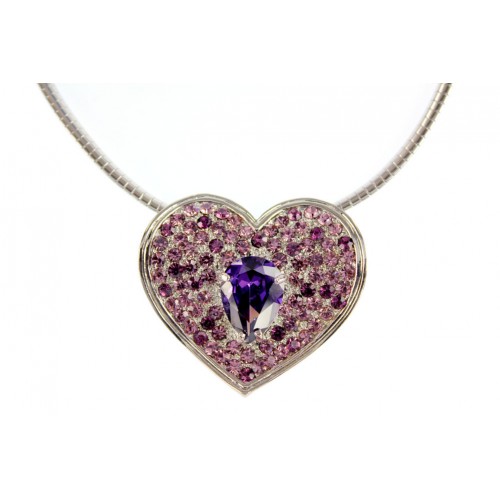 Necklace - Rhinestone Heart Charm w/CZ Necklace - Purple - NE-TJ026PL