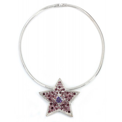 Rhinestone Star Charm w/ CZ Necklace - Purple - NE-TJ027PL