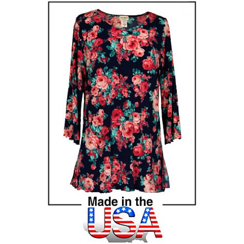 Merrow Top with 3/4 Sleeve, Roses – Navy Blue- ATP-MT9511