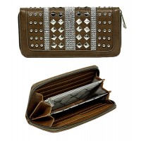 Wallet - Accordion Studded Wallet w/ Zipper Closure & Wristlet- Brown color -WL-F519GRY
