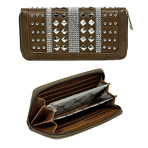 Wallet - Accordion Studded Wallet w/ Zipper Closure & Wristlet- Brown color -WL-F519GRY