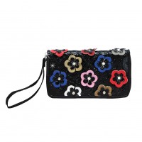 Organizer Wallets - Genuine Leather w/ Jeweled Multi-color Flower Appliques - WL-PPW1000MULT