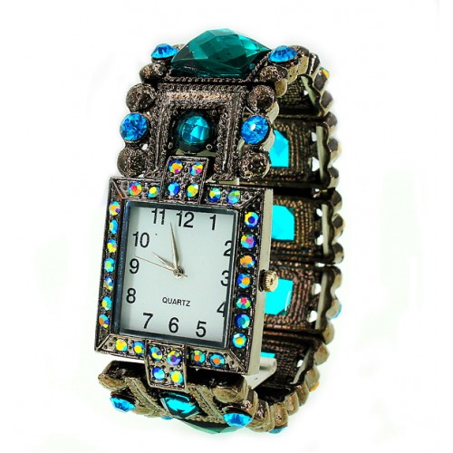 Bracelet Watch - Rhinestones w/ Multi Beaded Stretchable Bracelet - Blue - WT-KH11495BL