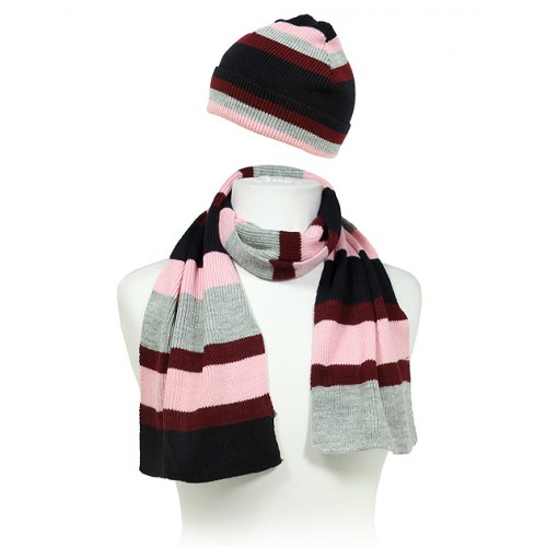 Hat & Scarf Set - Knitted Stripes Set - HTSF-TO102-3
